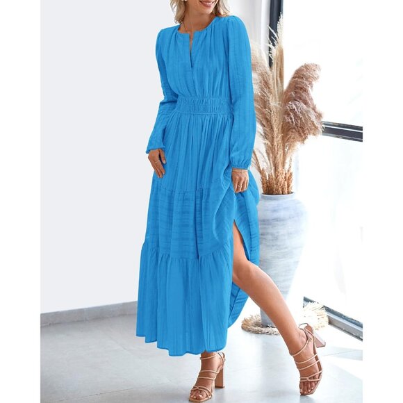 Women Brilliant Blue Long Sleeve V Neck Elastic Waist Maxi Dress With Pockets - Picture 8 of 8
